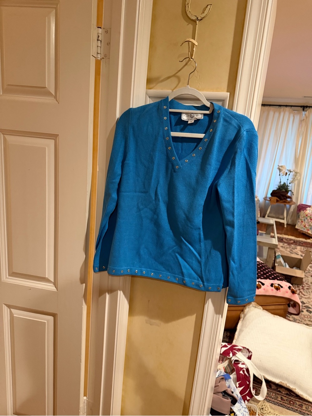V-Neck Stud Trim Tunic Sweater in Bright Teal